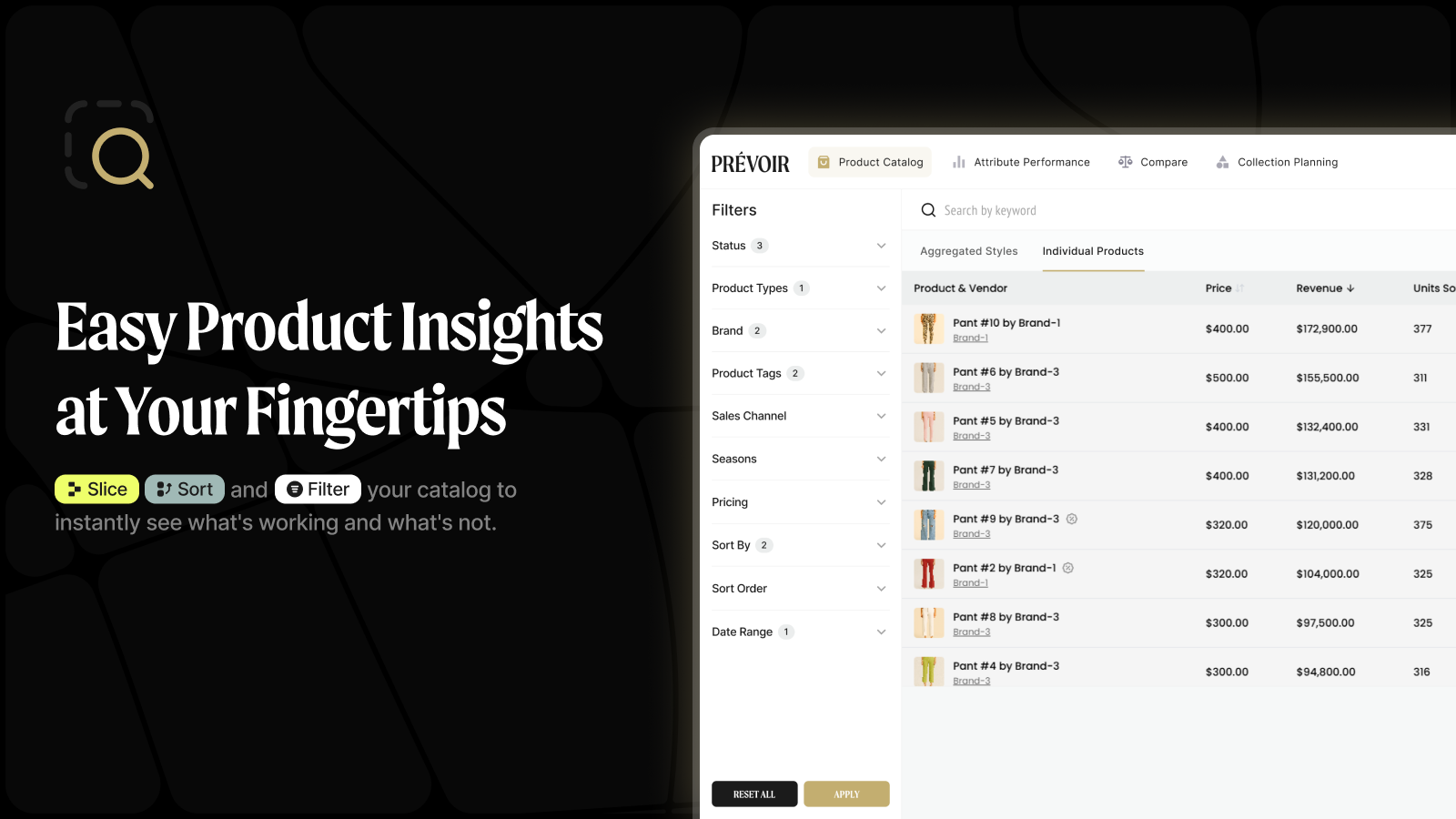Product catalog view with filters to analyze performance