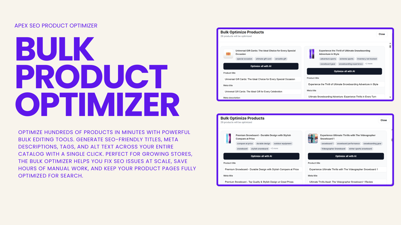 Product editor with SEO and performance optimization tools