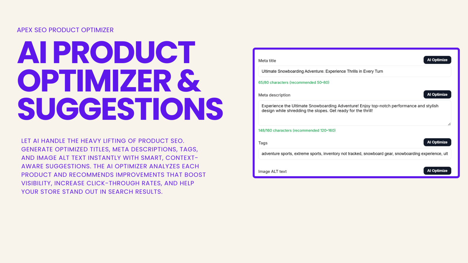 App dashboard with Seo Health Scores and Quick actions 