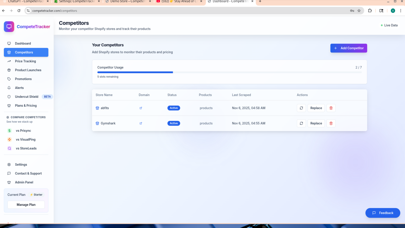 Competitors viw - showing list of competitors