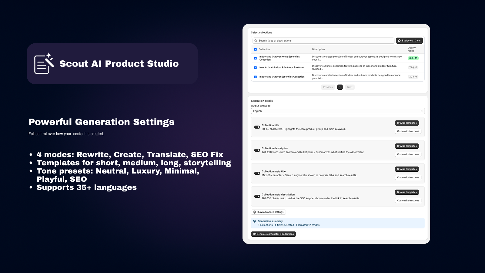Content generation settings for selected collections