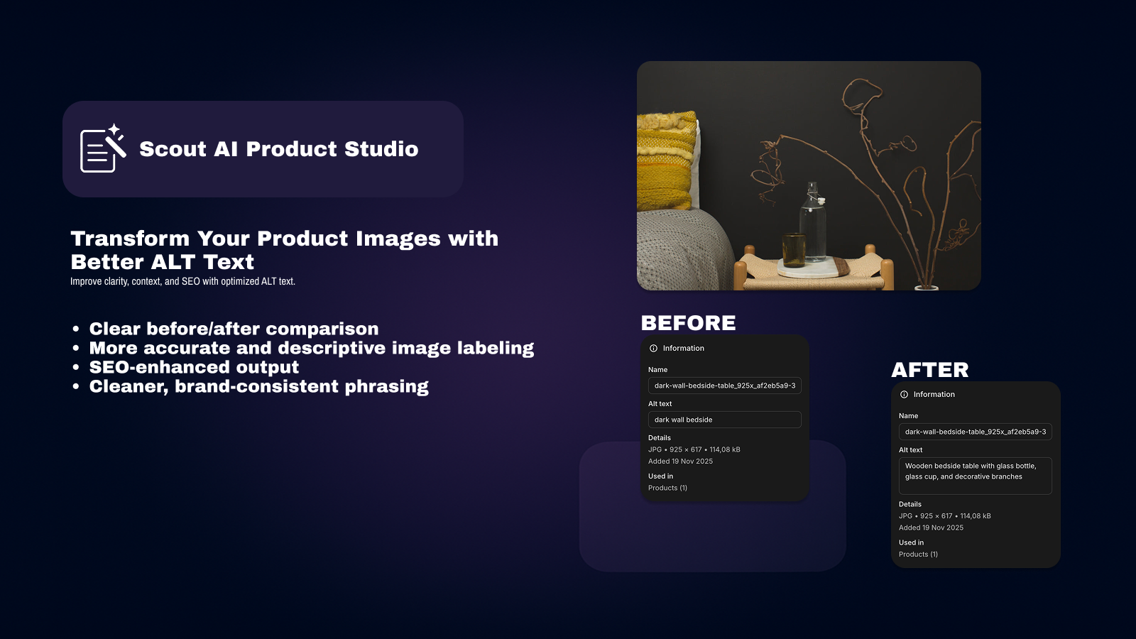 Before and after comparison of product image ALT text