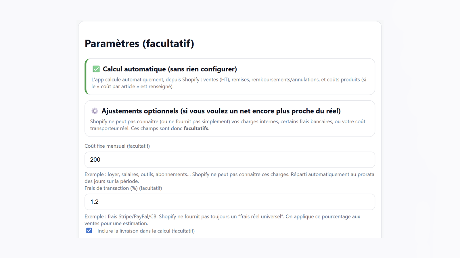 Paramètres facultatif Dashboard Profit Net