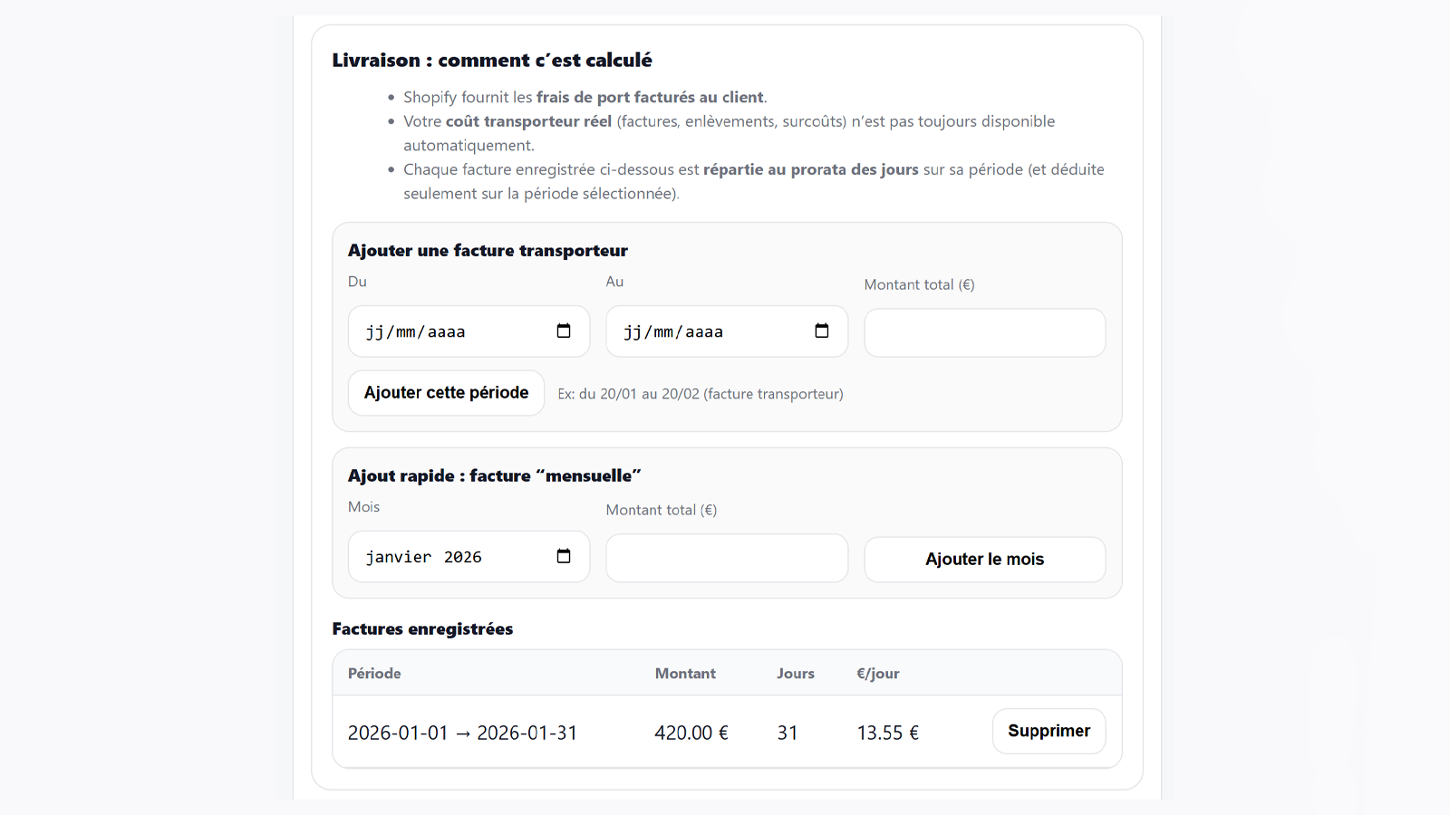 Paramètre Dashboard Profit Net Livraison
