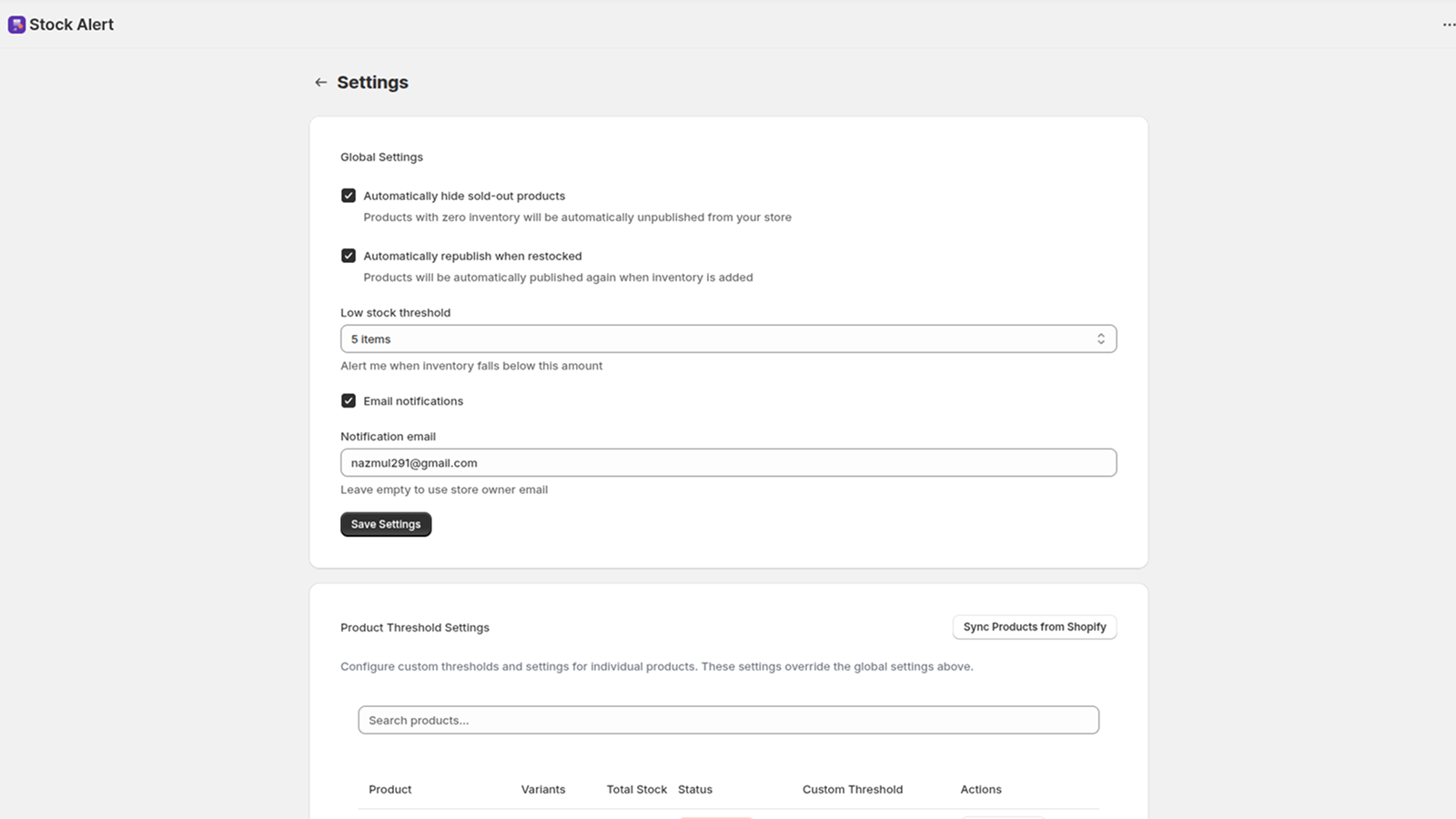 Stock Alert App Settings