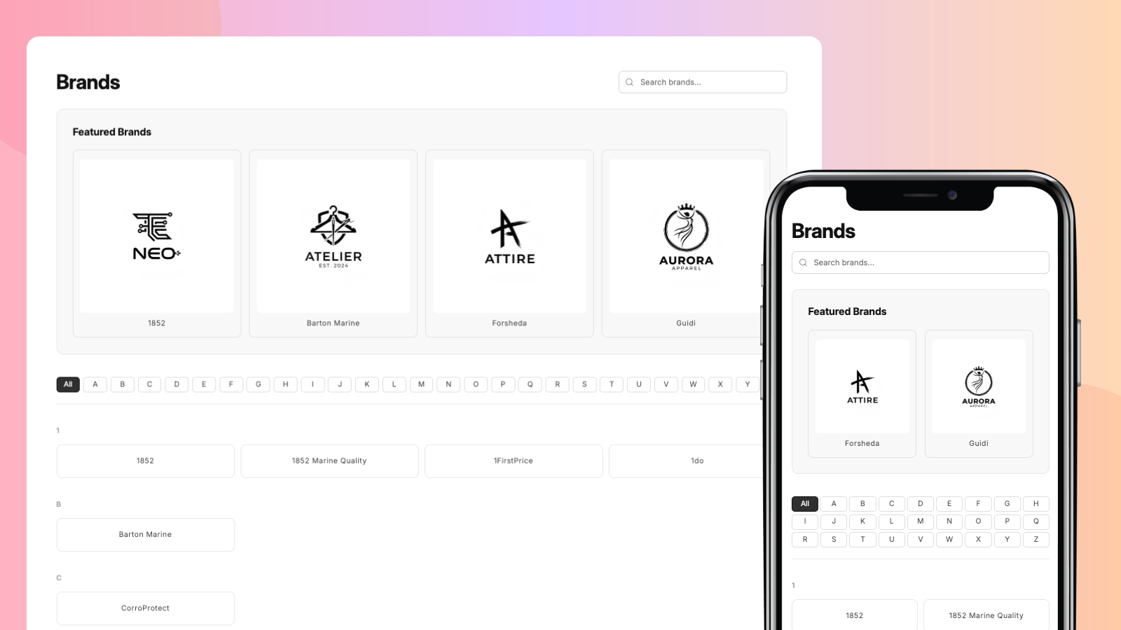 brand page a-z list with logo