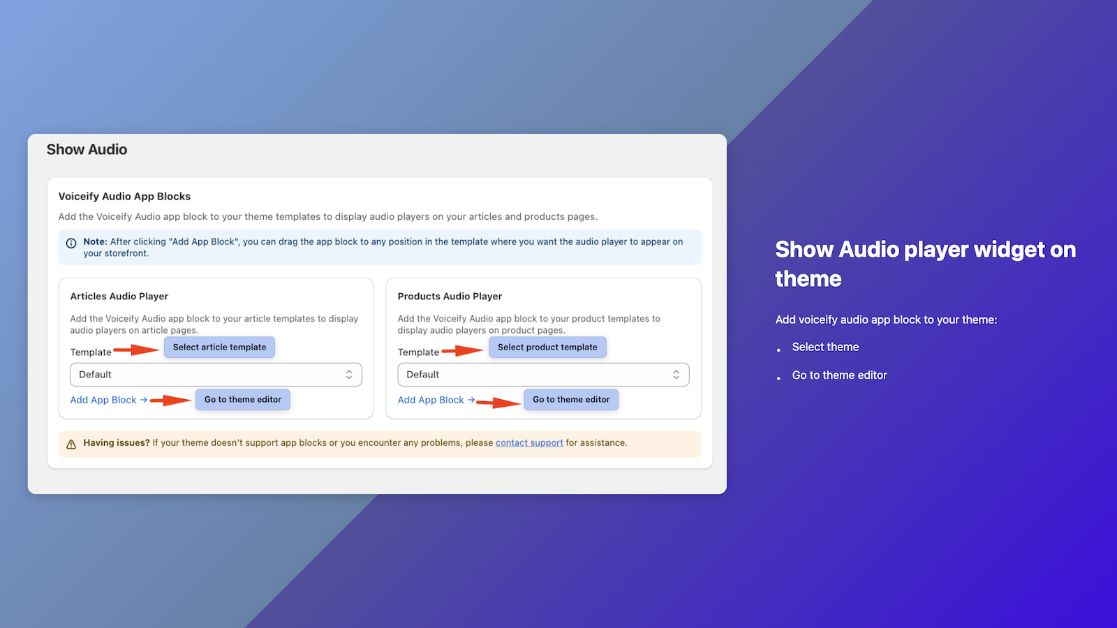 Select template to add Voiceify app block on theme