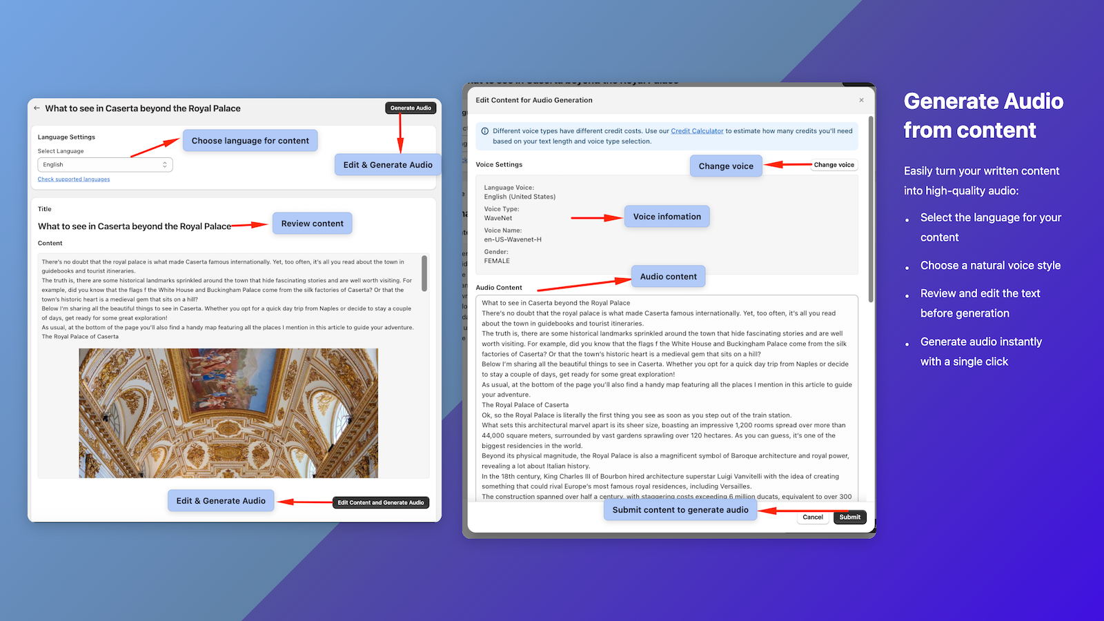 versions of written content using AI-powered text-to-speech