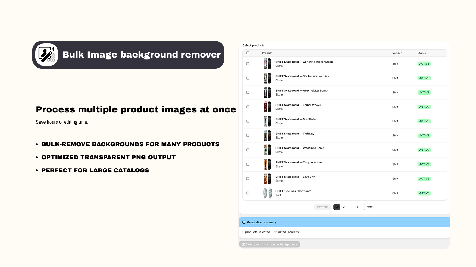 Bulk background removal screen displaying products processed