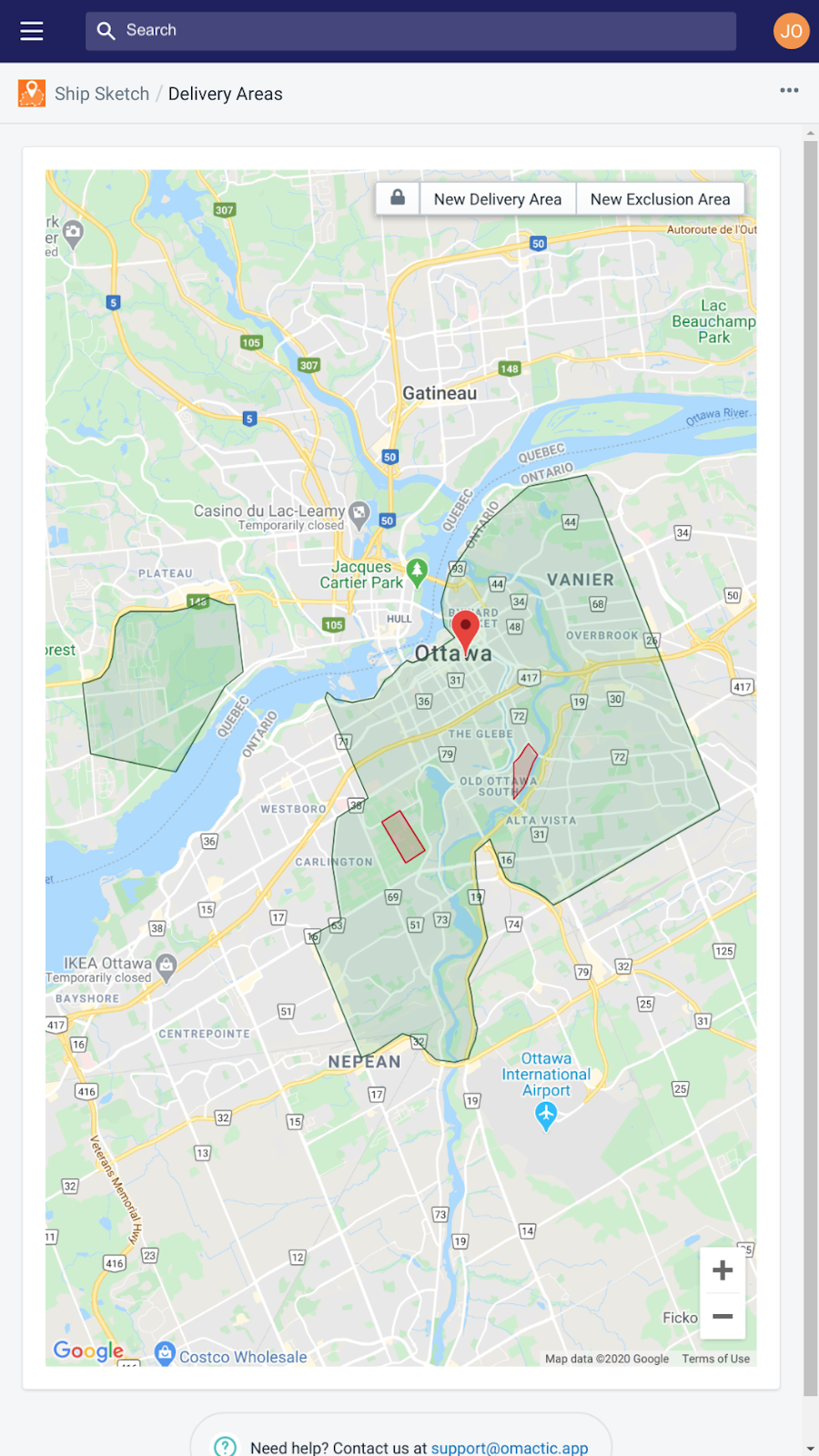 Mobile default view of a couple delivery areas