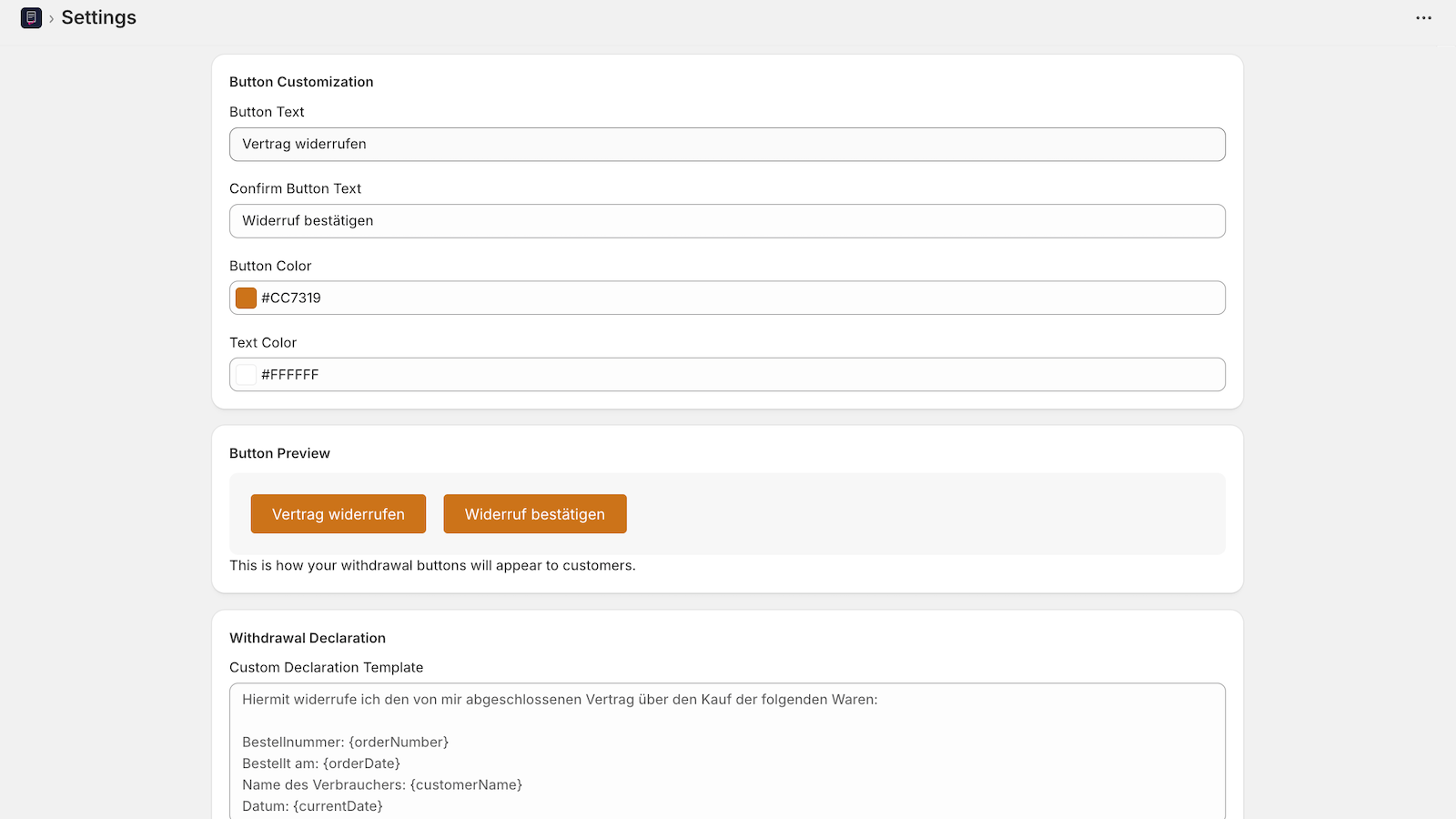 Customize Widerruf button and confirmation email template