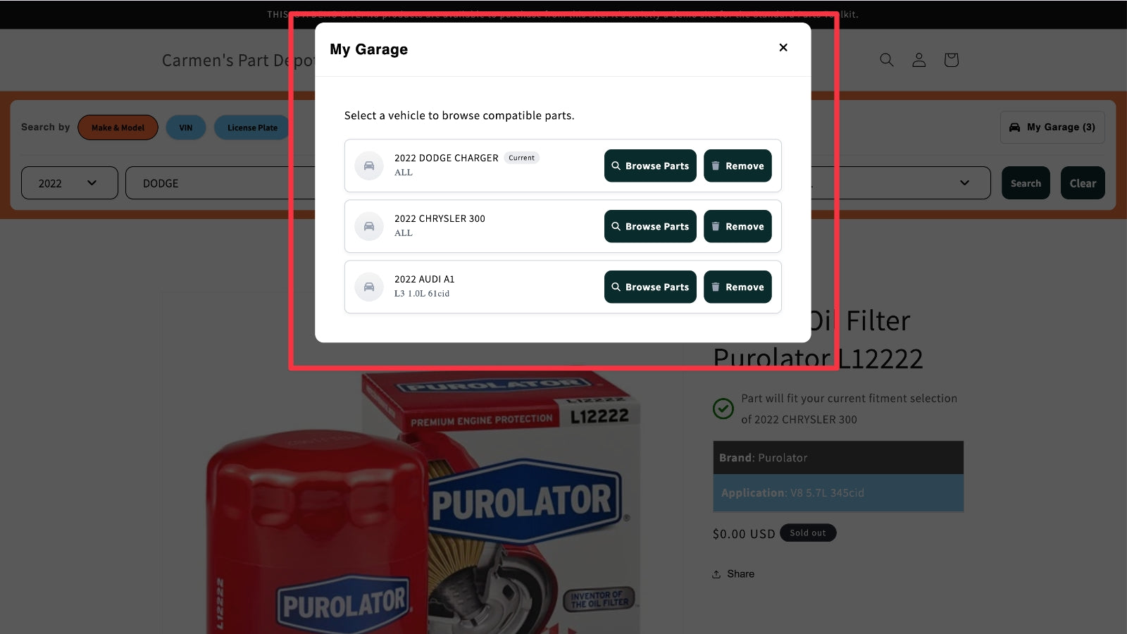Built-in My Garage Functionality for quick vehicle retrieval