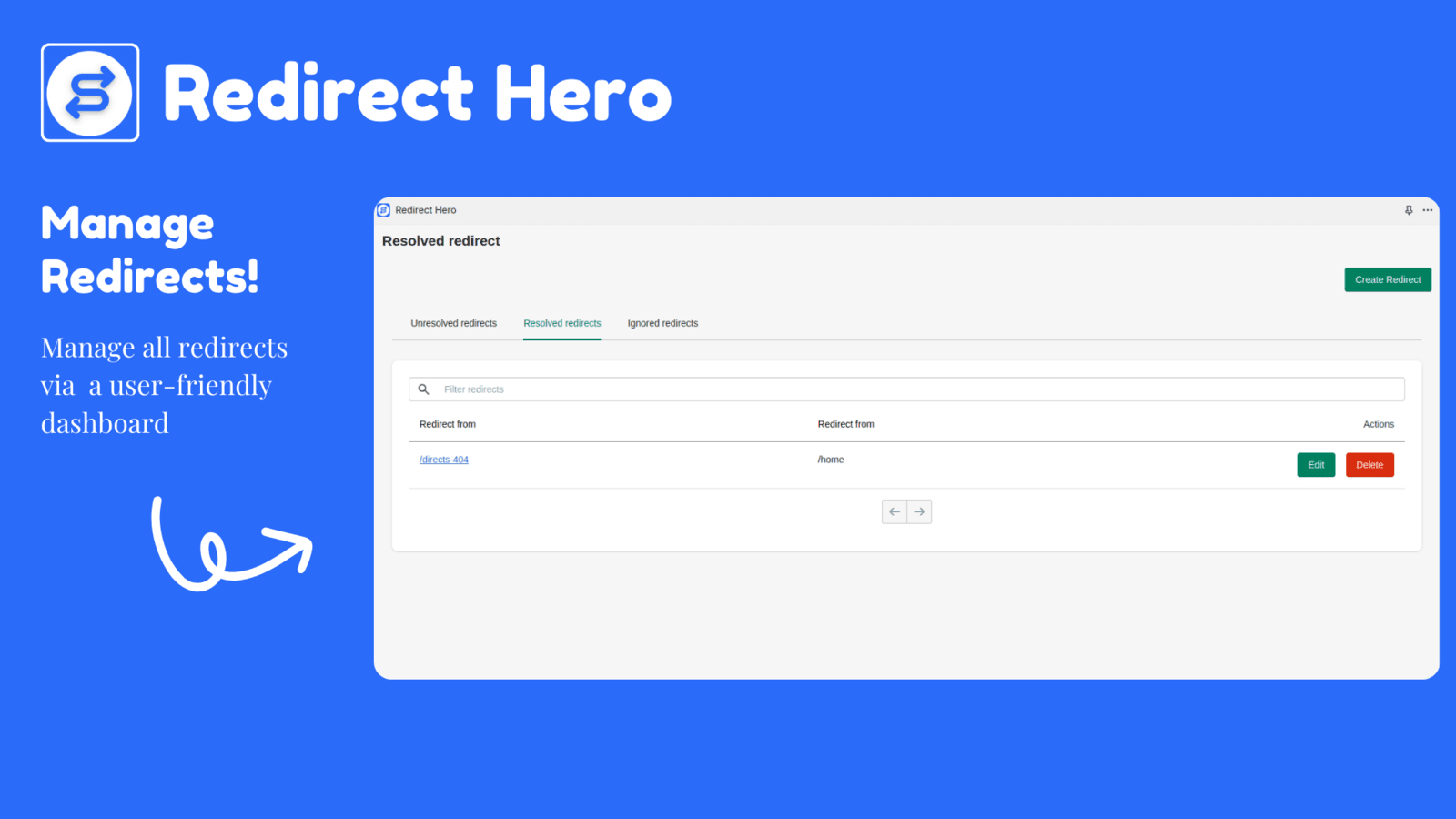 Manage 301 redirects via a user-friendly dashboard