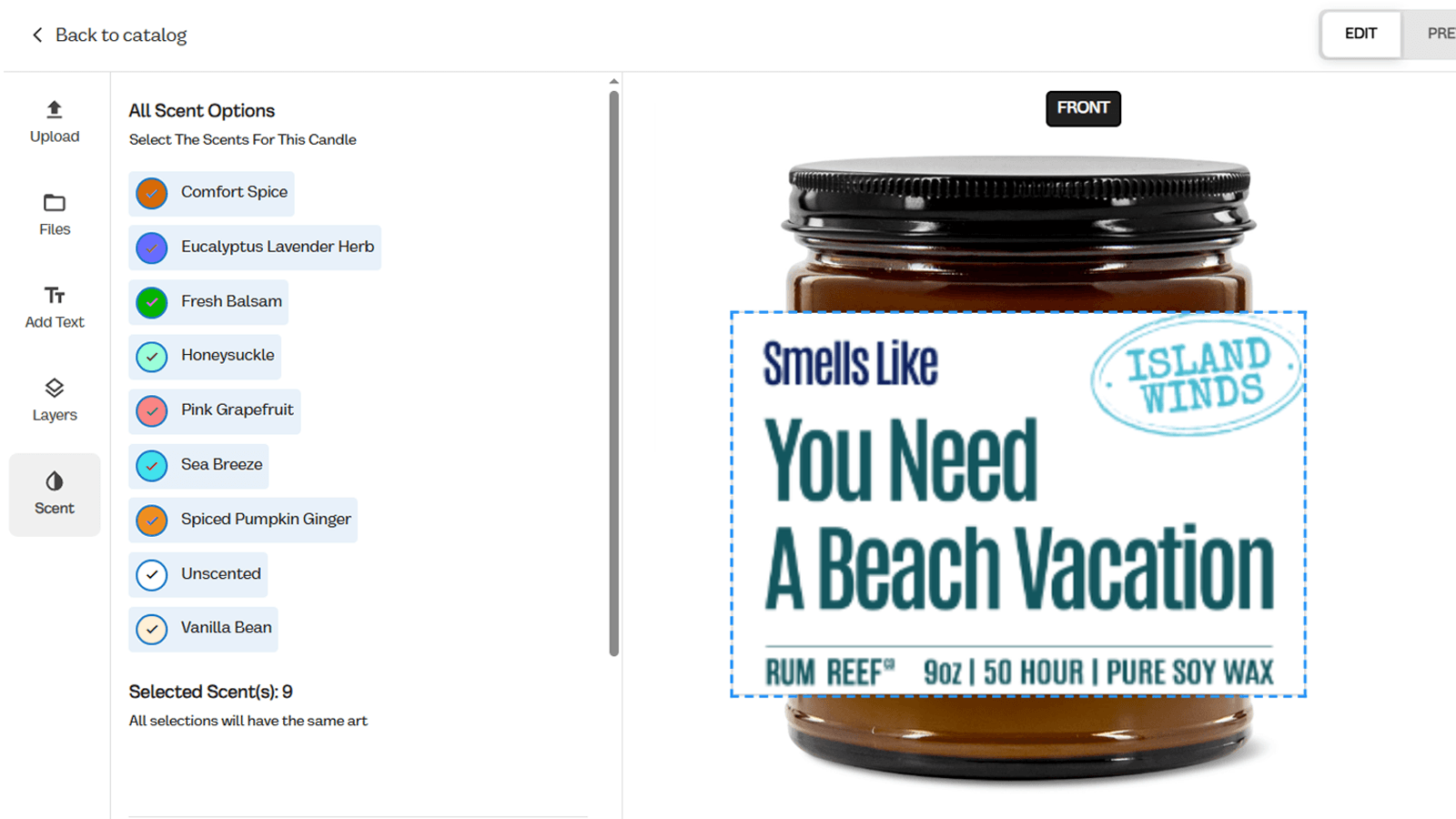 Upload your candle artwork for your label & select your scents