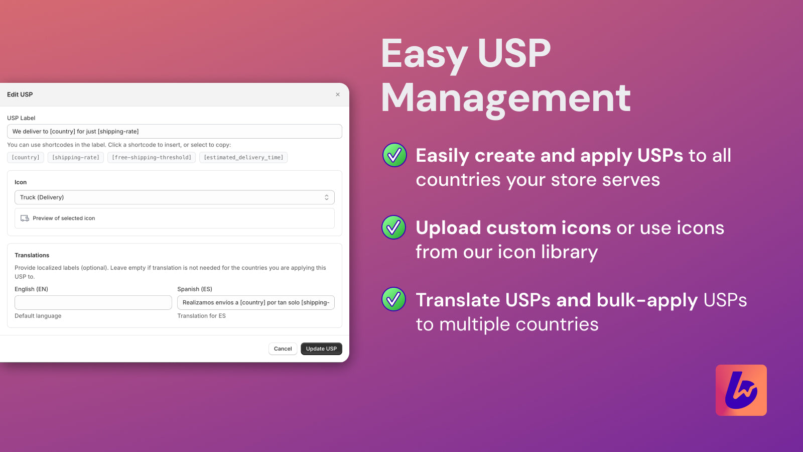 Manage USPs per country - control text icon and translations