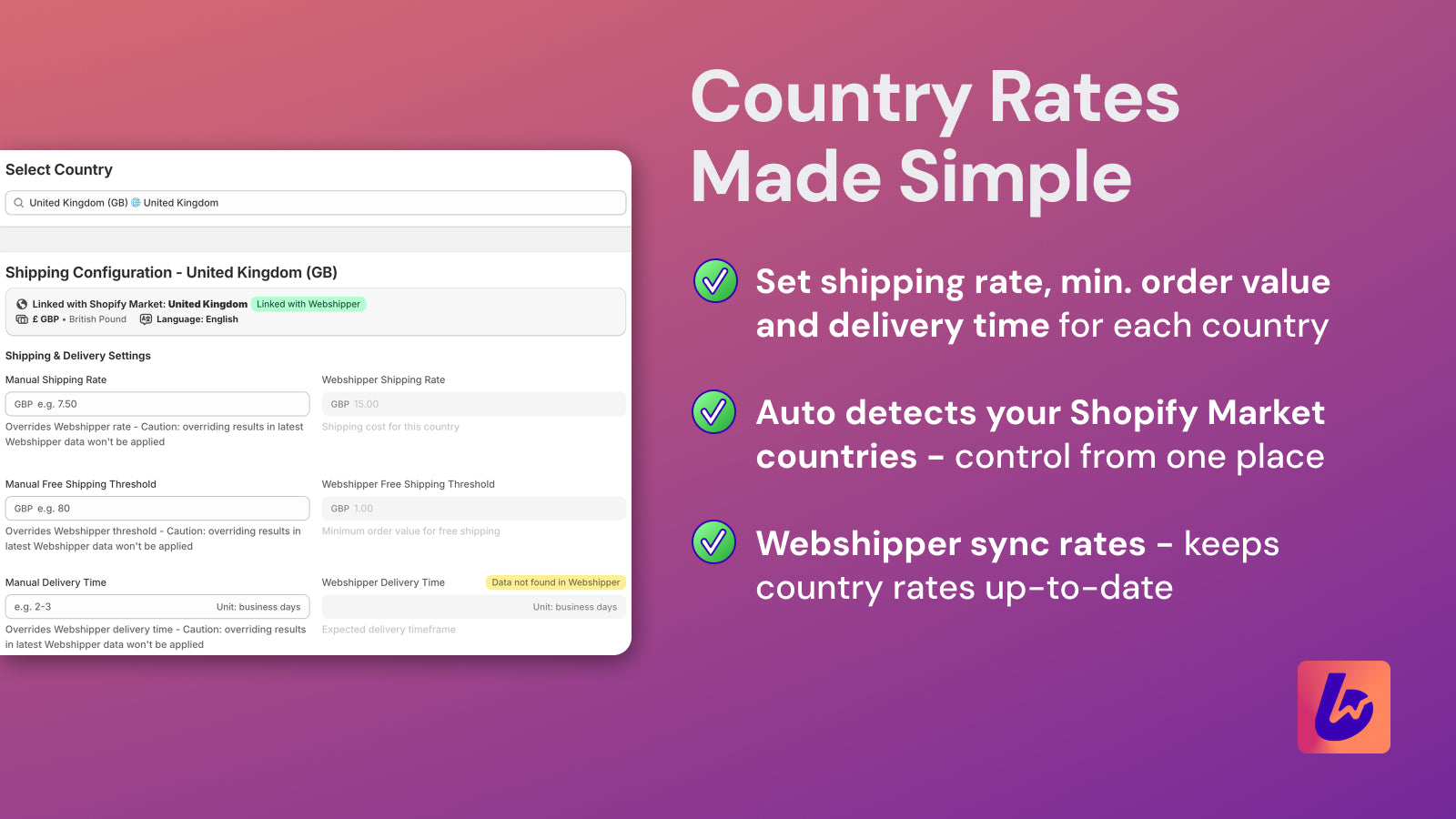Set country shipping rates, MOV, and delivery times in app