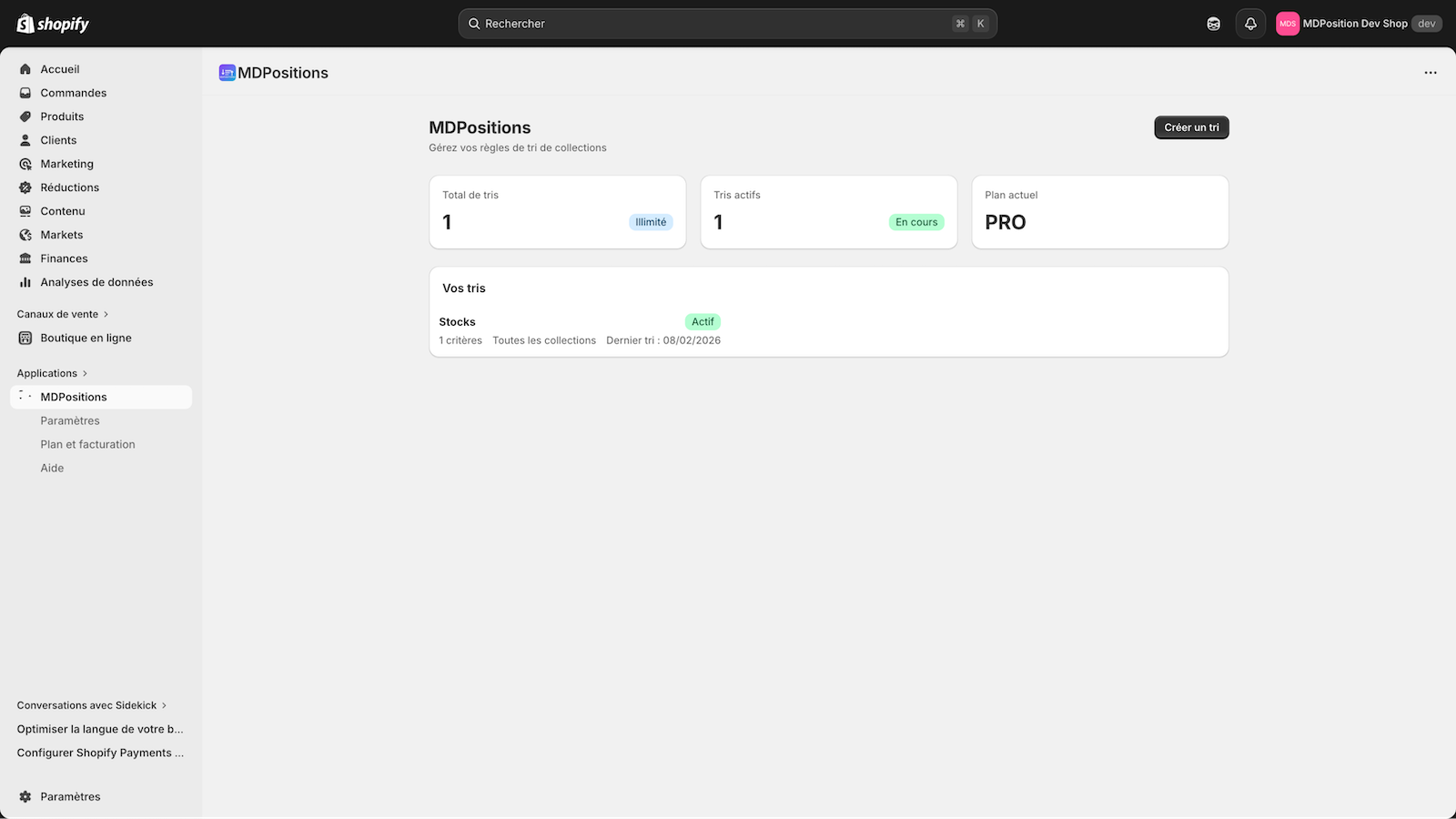 MDPositions dashboard - sort rules list with active sorts