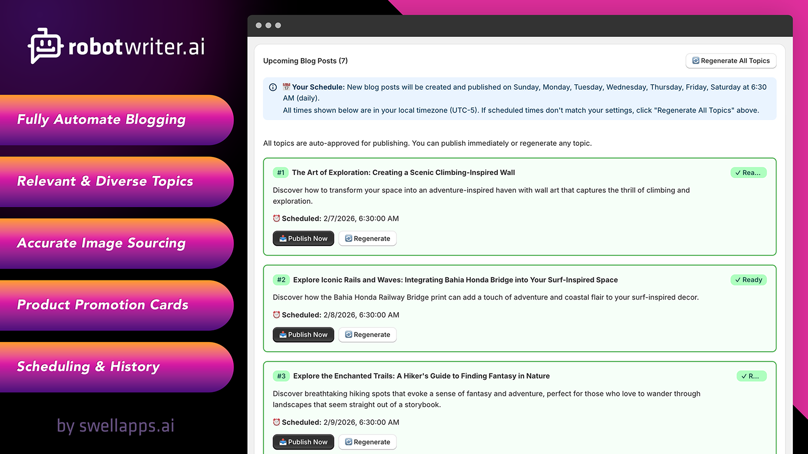 A schedule of automated blog posts in Shopify admin.