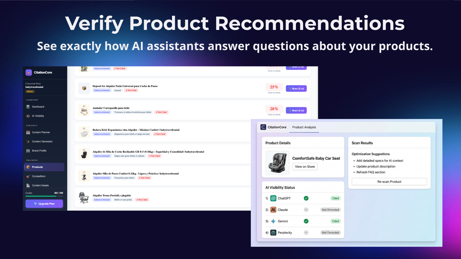 Product scan showing AI citations from ChatGPT, Claude, Gemini