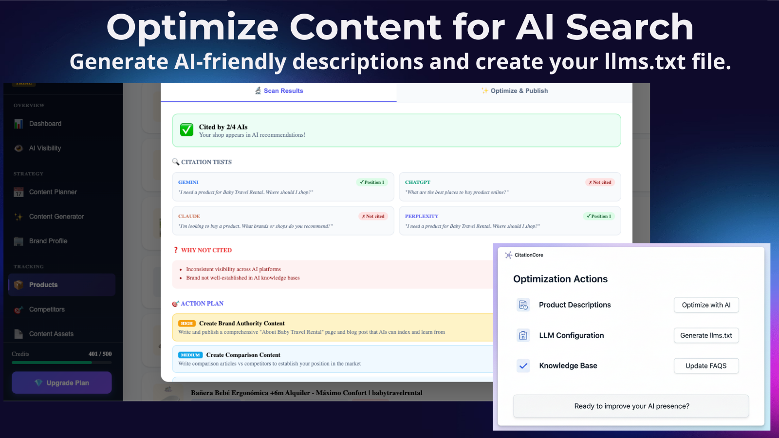 Generate AI-friendly descriptions and create your llms.txt file.