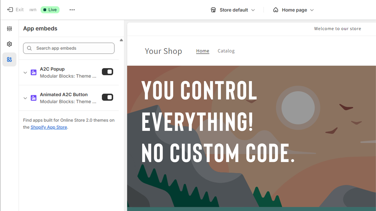 you control everything, no custom code. clean theme setup.