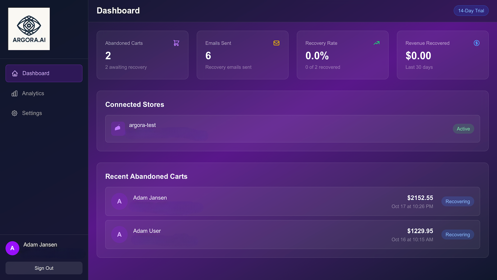 Dashboard with cart metrics and abandoned cart table