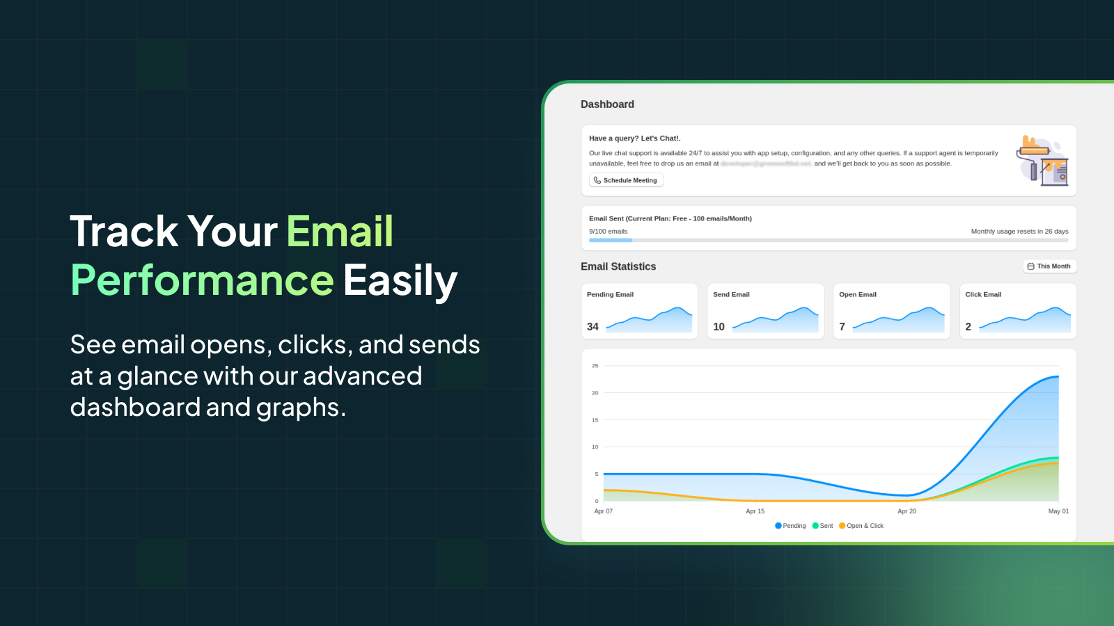 Track email performance with opens, clicks, and sends easily.