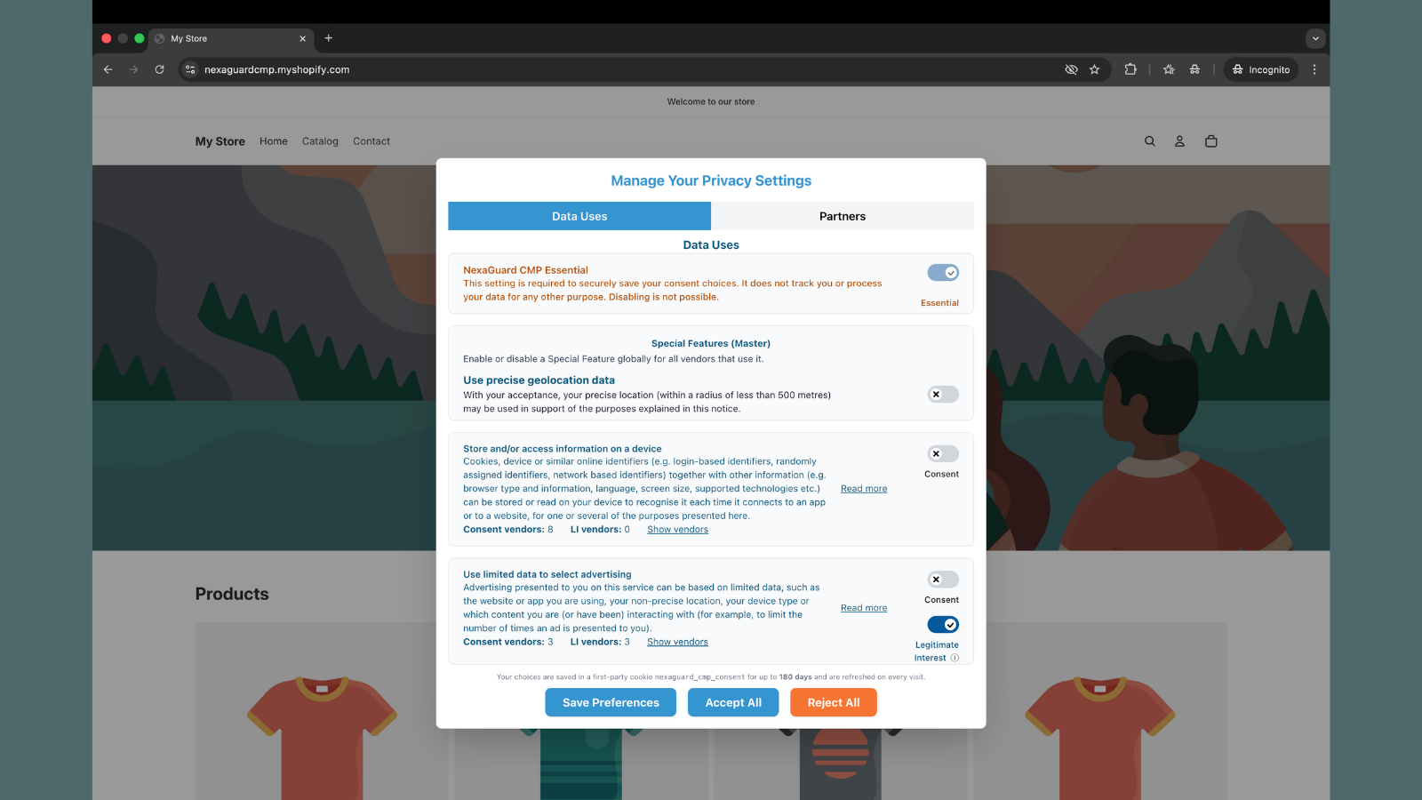 Privacy preferences modal with cookie category toggles