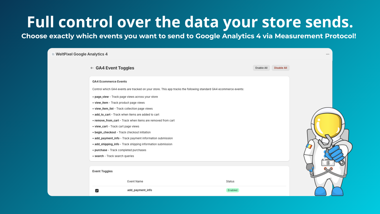 GA4 event toggle dashboard for precise eCommerce tracking