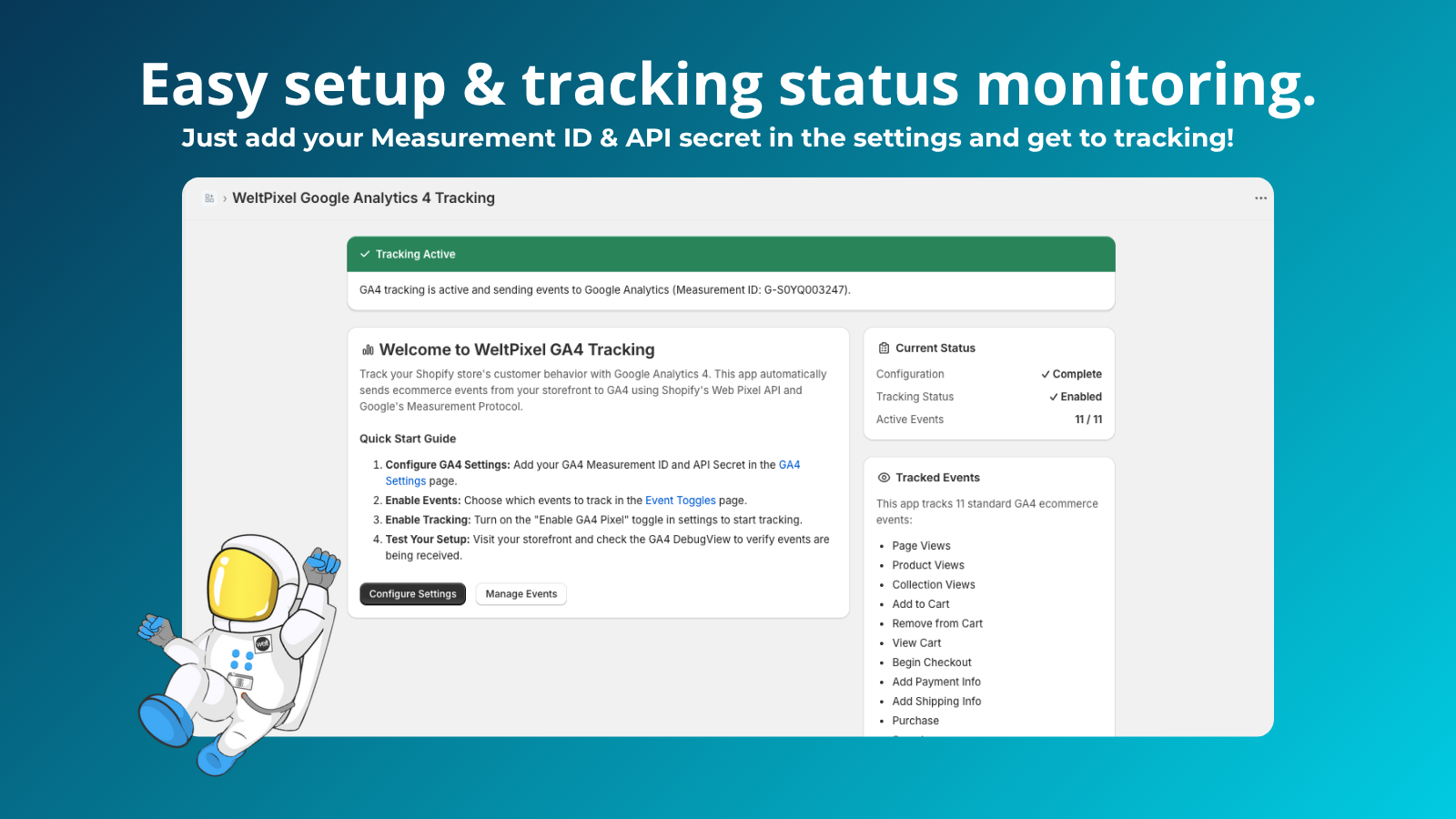 GA4 App setup screen with live tracking status bar