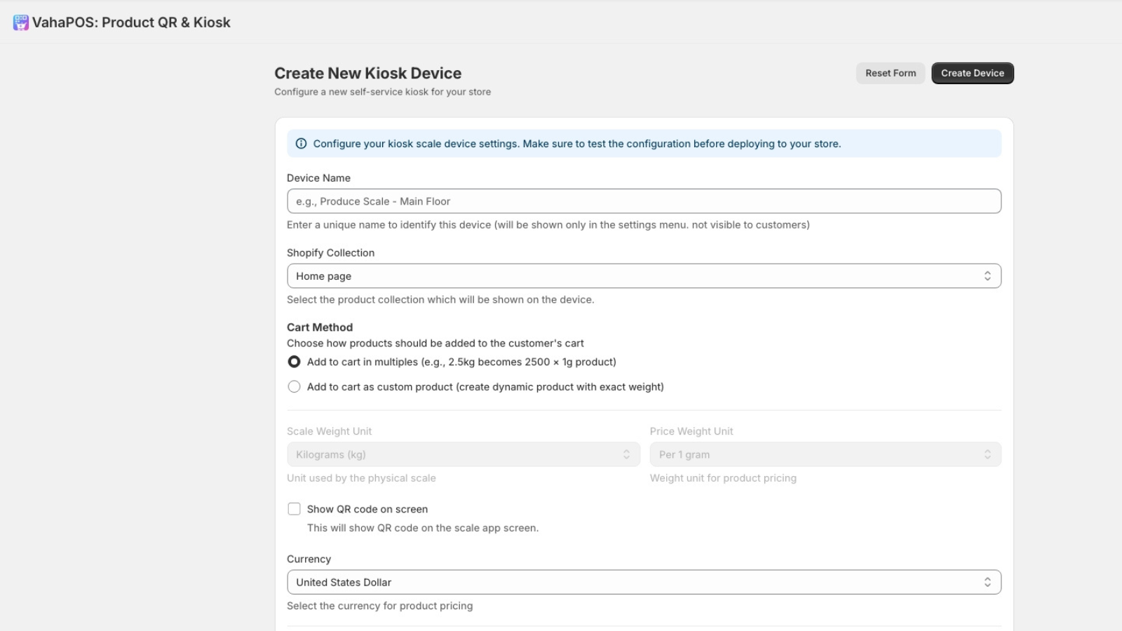 VahaPOS Create Device Section