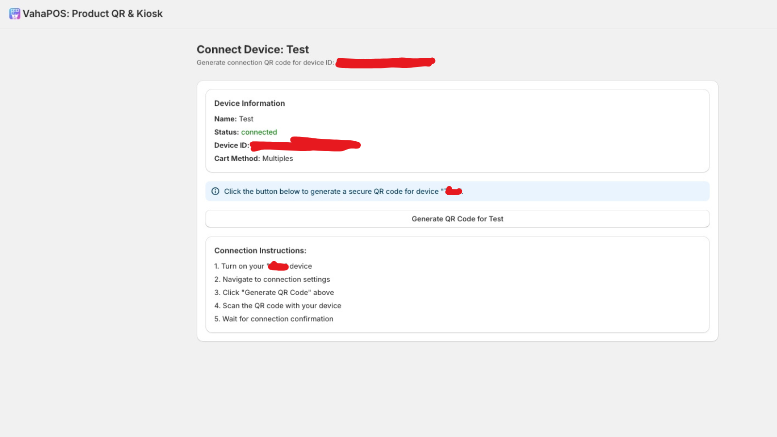 VahaPOS Connect Device Screen