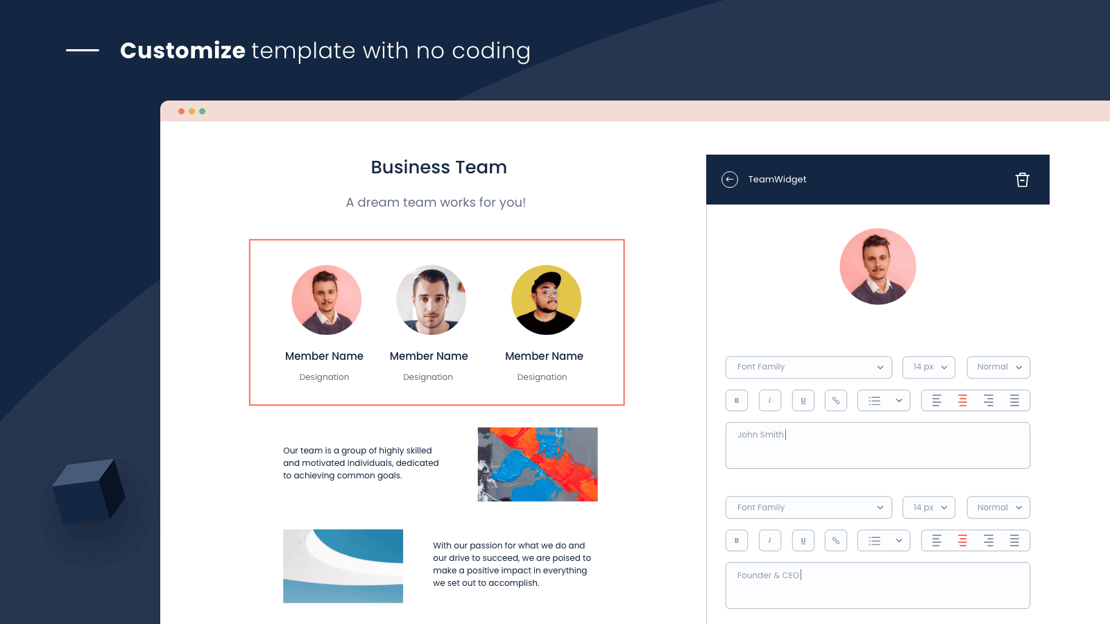 Team profile icon customization at Team and About Us App