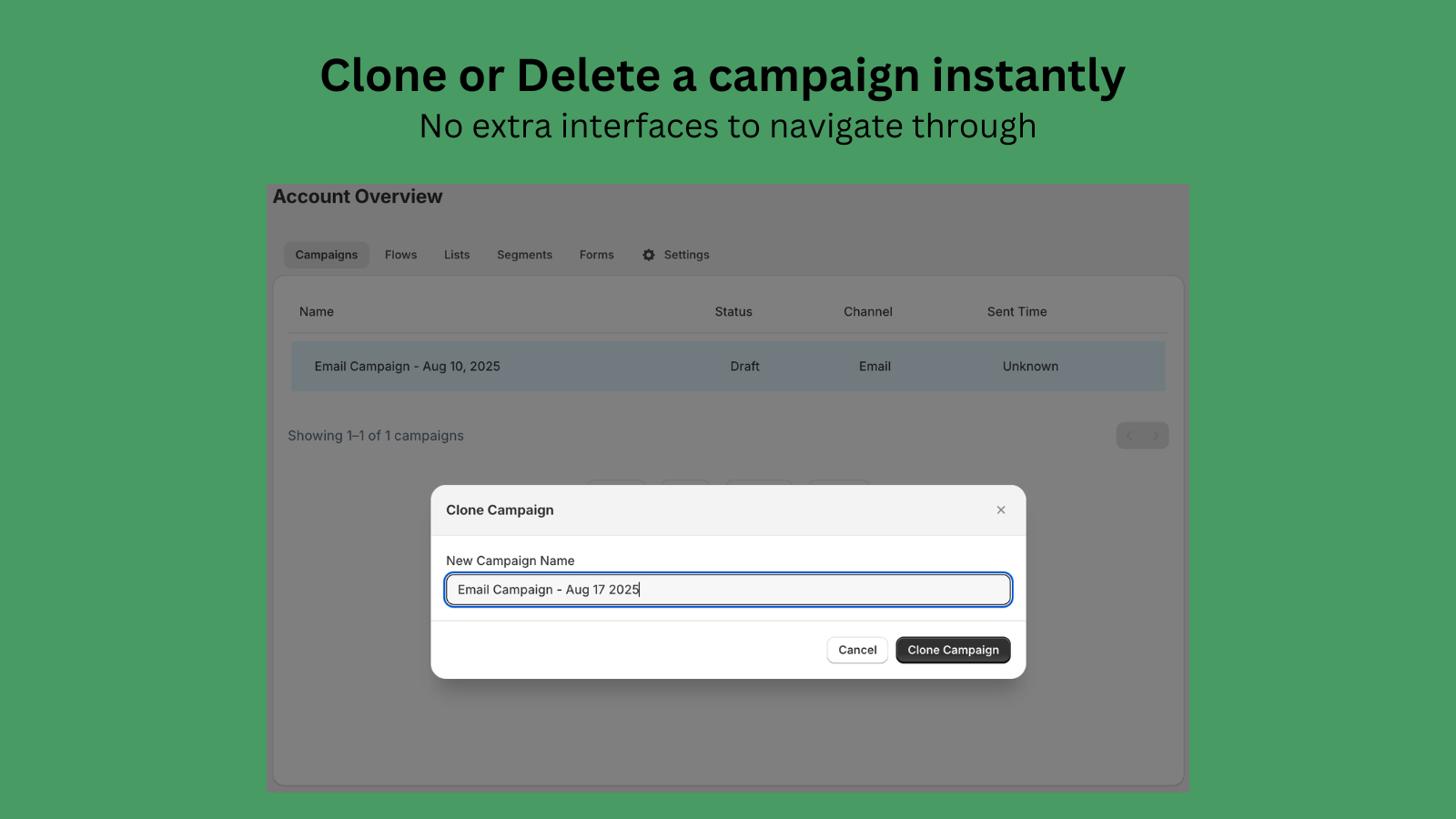 Clone or Delete a campaign instantly 