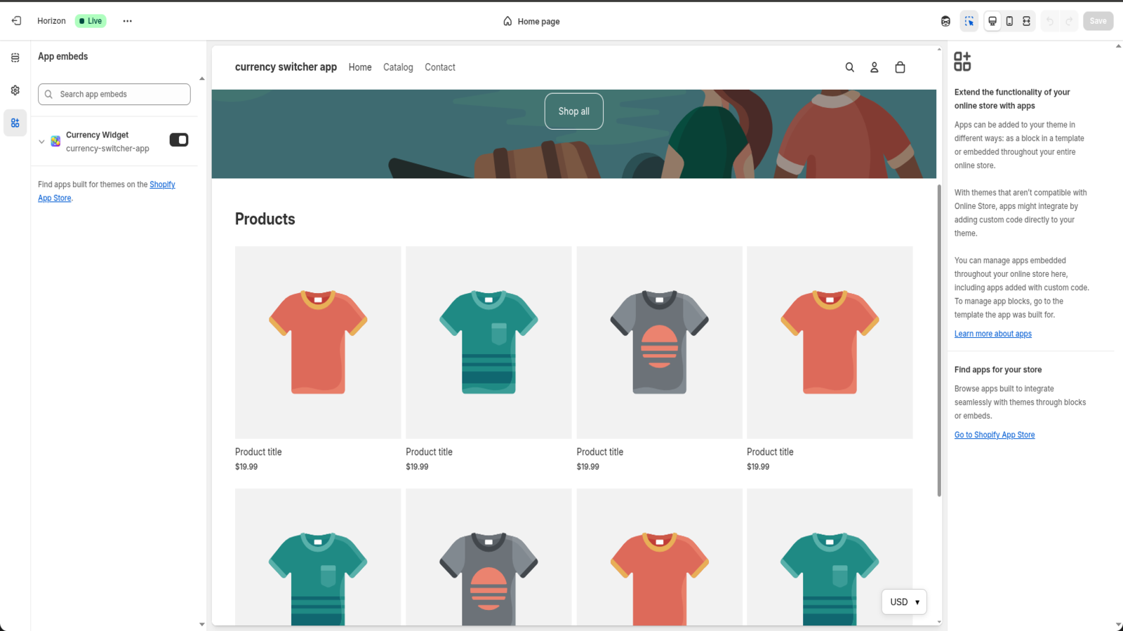 Currency switcher widget visible on the storefront, allowing cus