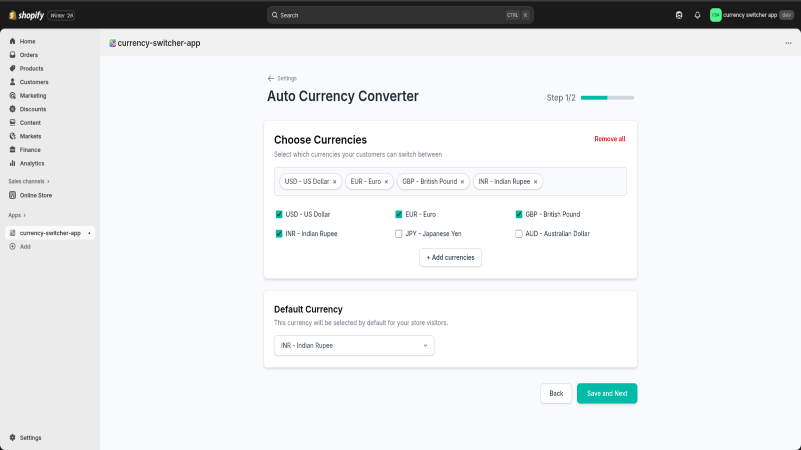Merchants can select supported currencies and set a default curr