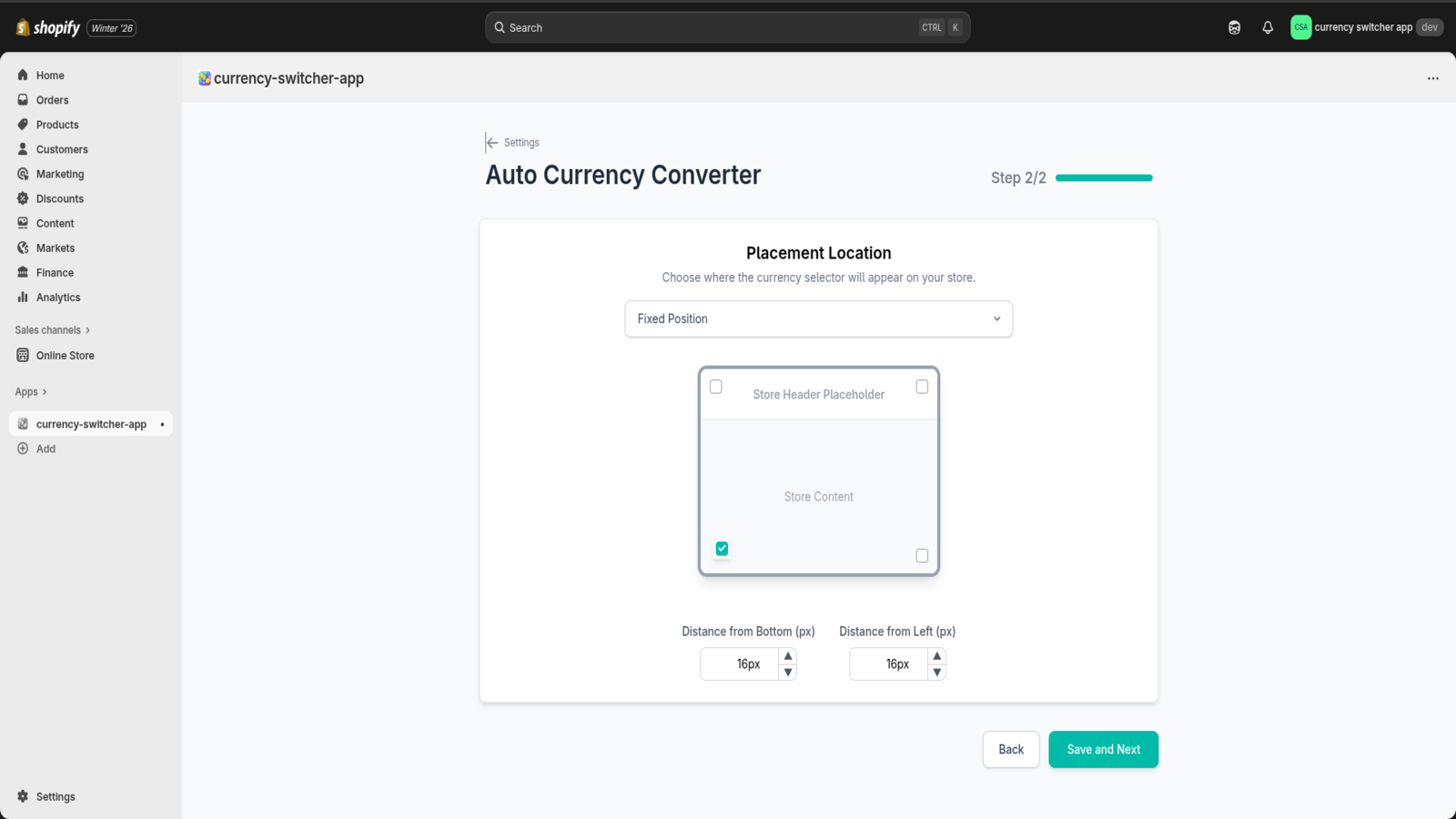 Merchants can configure the currency selector position and place