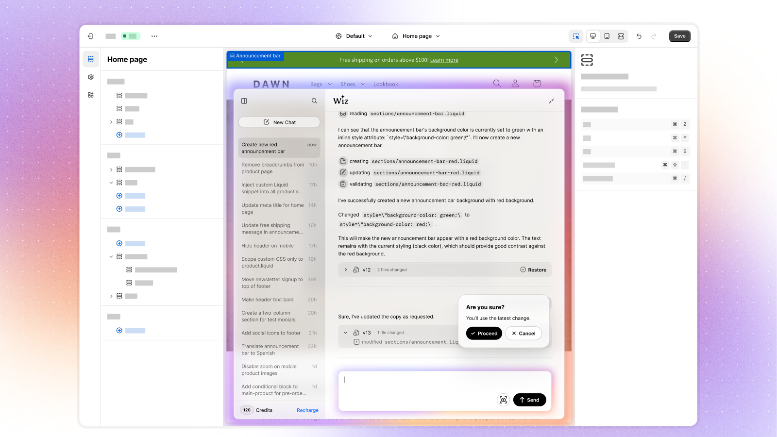 AI chat ui showing revert changes modal