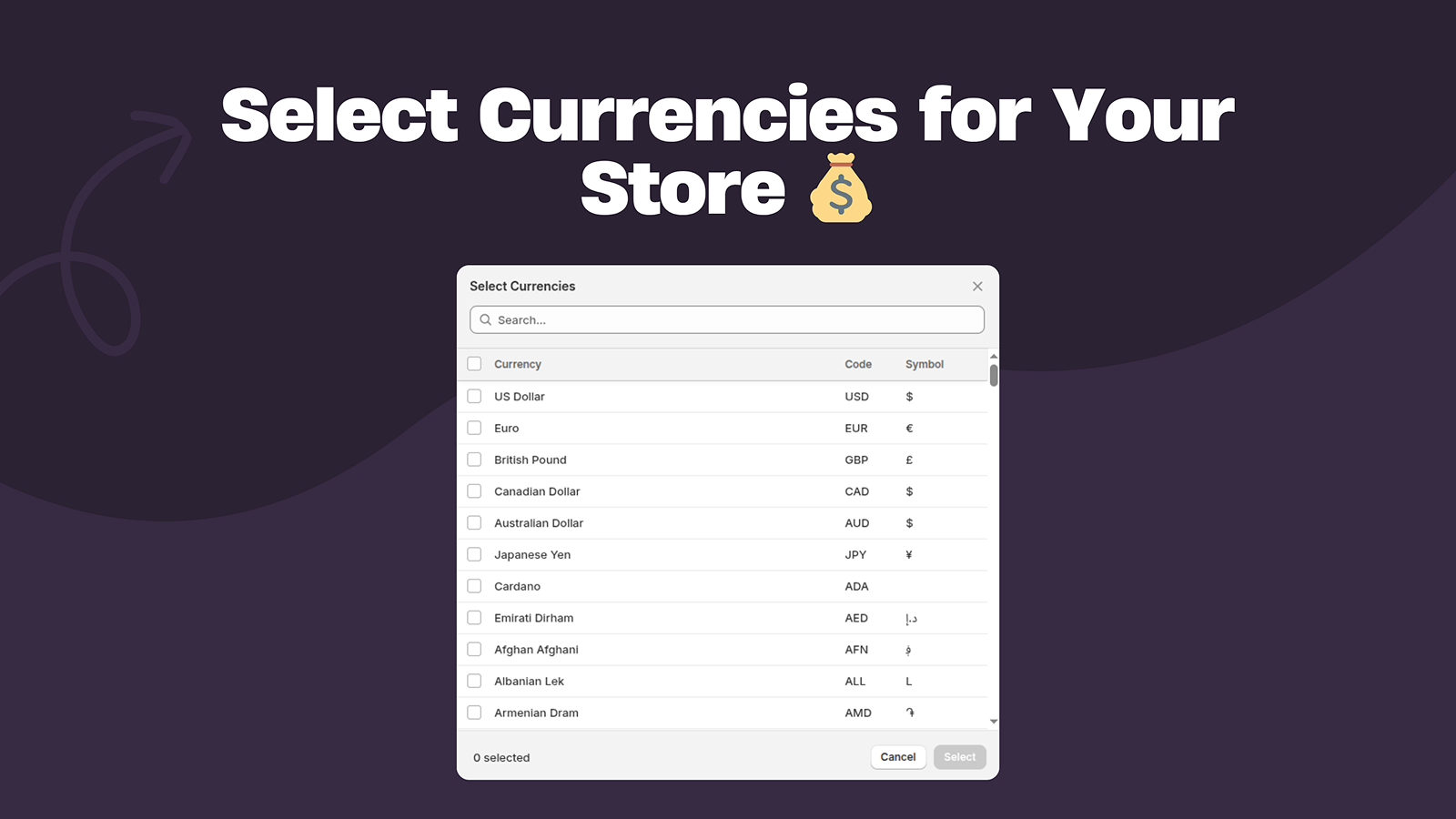 Select Currencies for your store