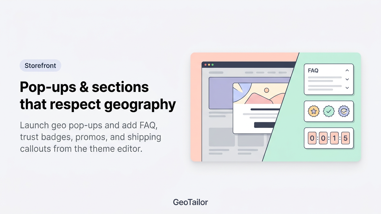 Storefront graphic: geo pop-ups and theme section blocks.