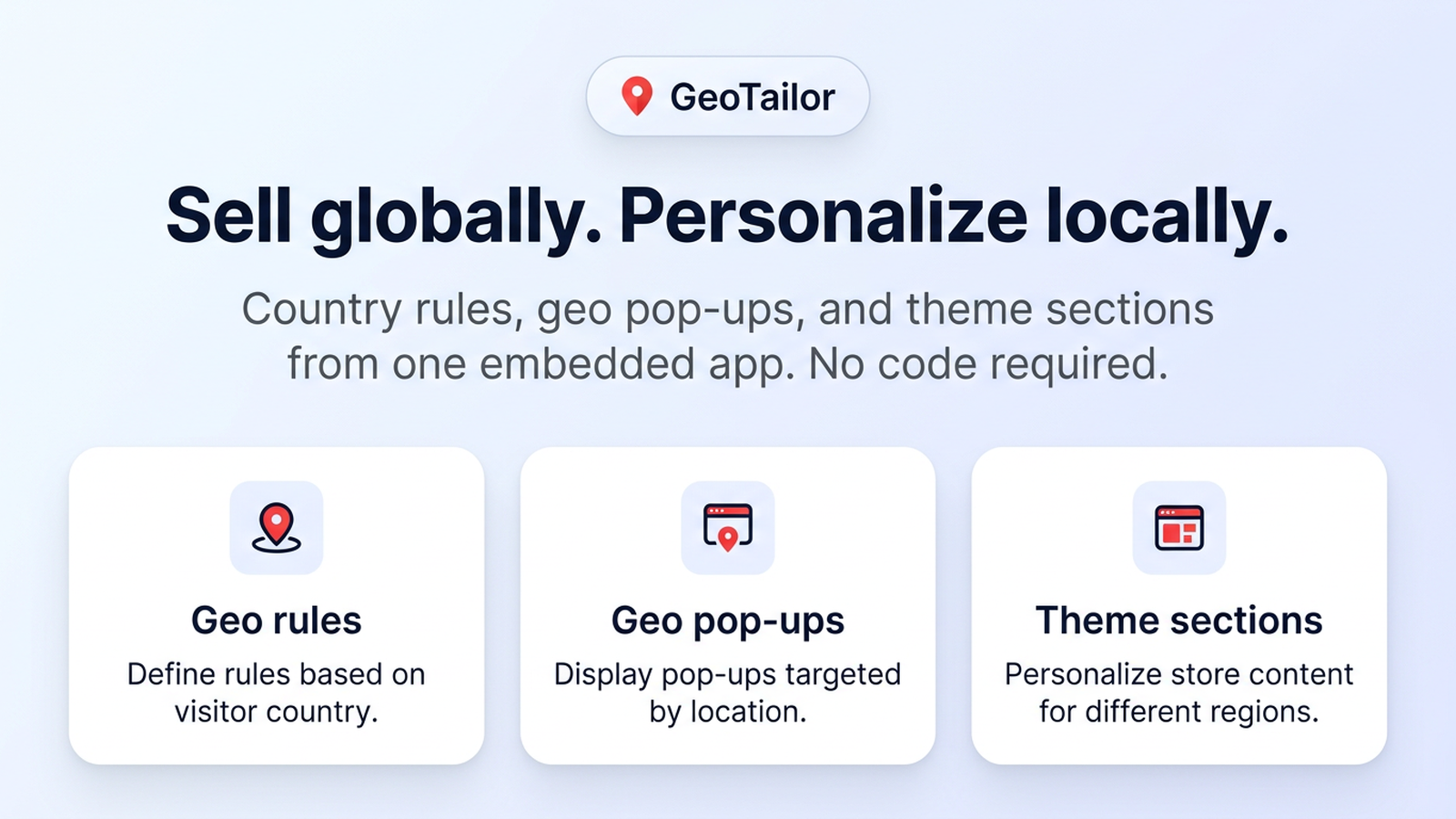 GeoTailor hero: headline plus rules, pop-ups, theme sections.