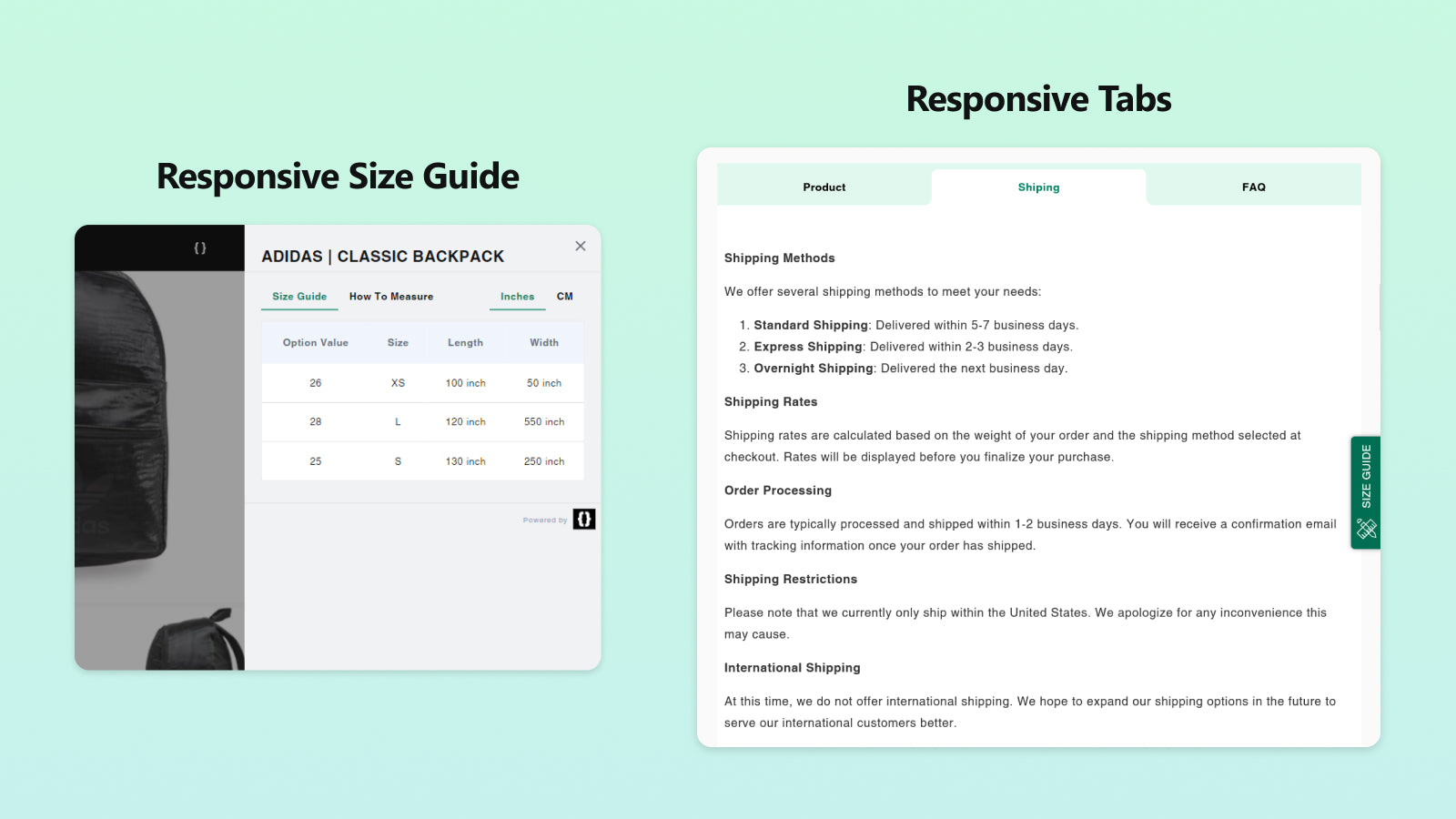 Customizable Responsive  Size Chart On Product Page