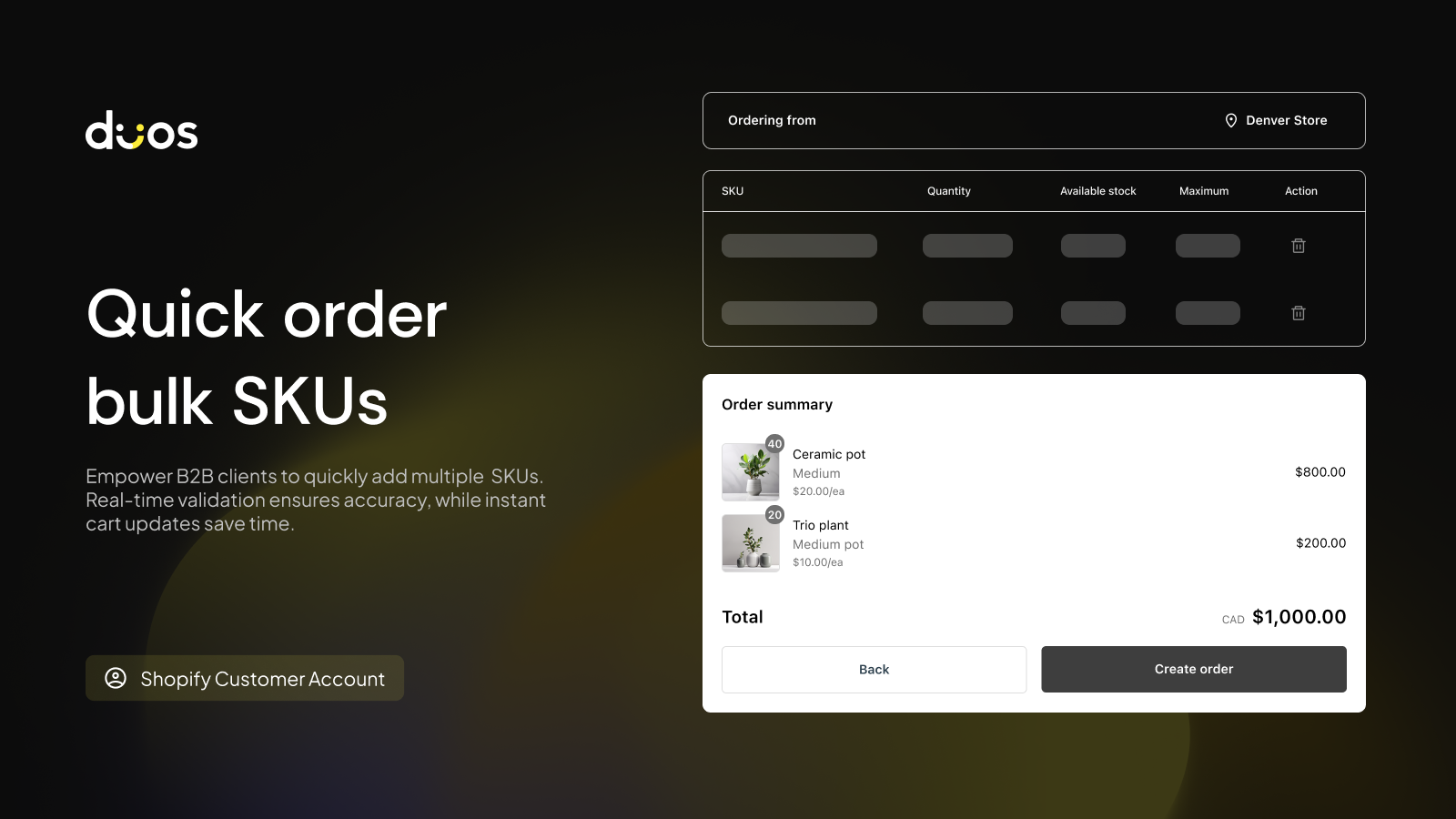 quick order, bulk order with SKUs input