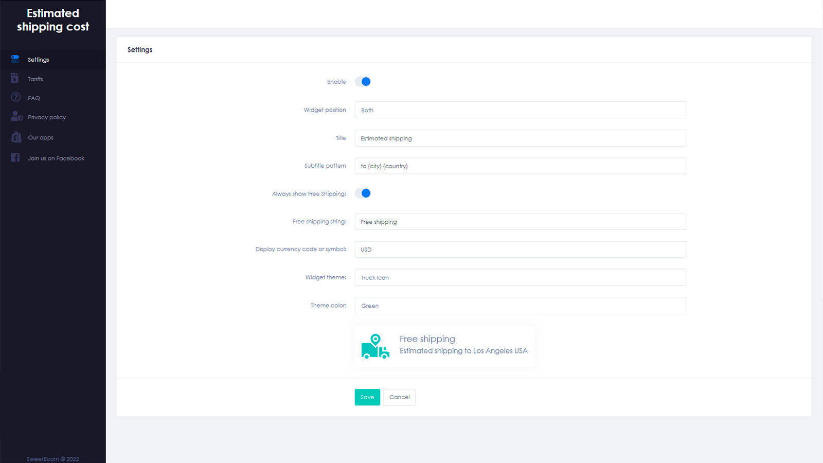 Shipping cost settings
