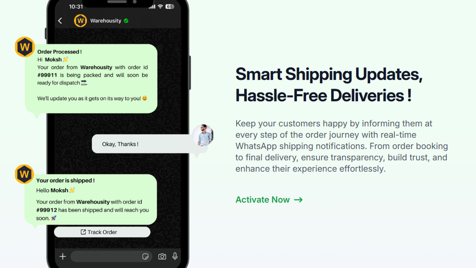 Automatic whatsapp tracking communication sent to customer
