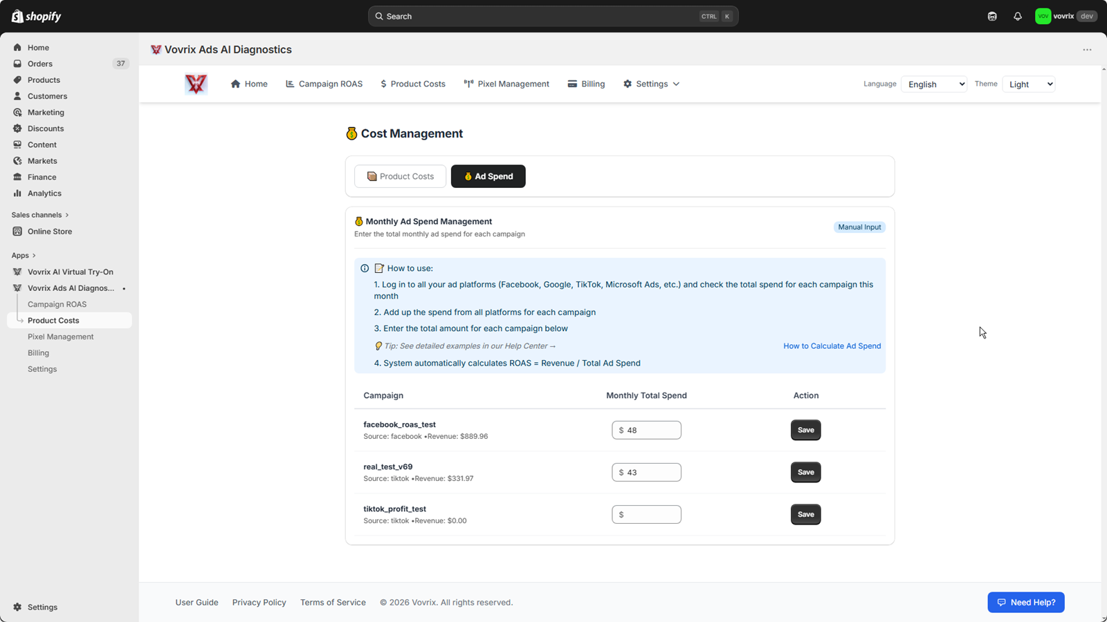 Multi-platform ad spend tracking with auto sync and profit ROAS 