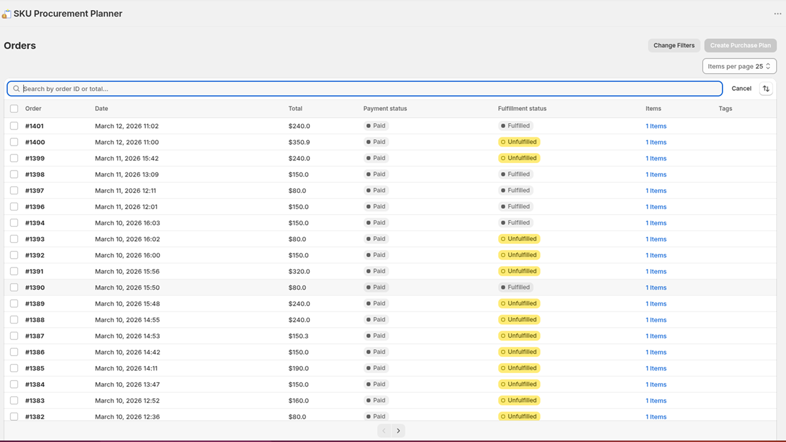 Importing orders by filter
