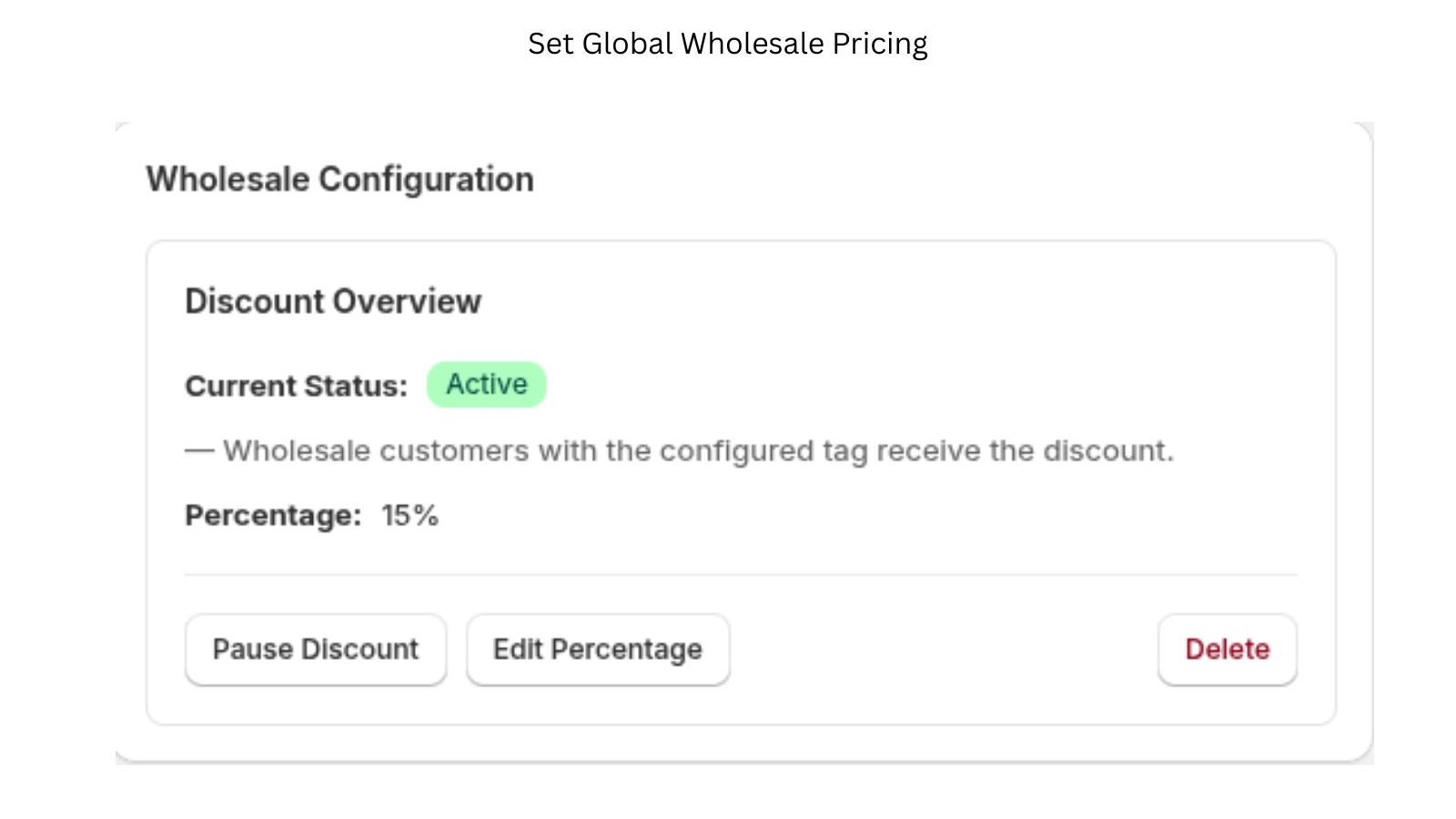 Configuration to set percentage and activate/pause discount