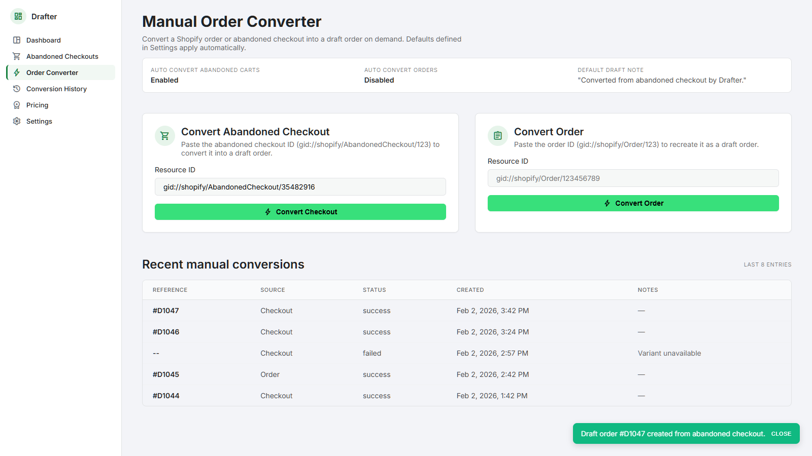 Manual order converter tool with checkout ID input