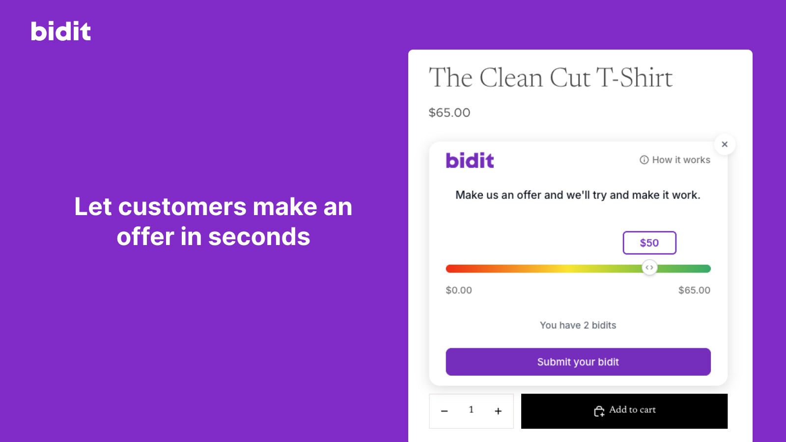 Shopify product page displaying the Bidit offer slider where cus